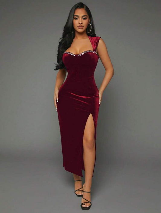 SHEIN SXY Rhinestone Detail Split Thigh Velvet Dress