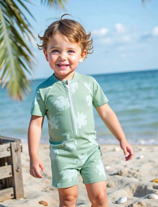 Baby Boy Cartoon Sea Turtle Pattern Short Sleeve One-Piece Swimsuit, Suitable For Summer Beach, Pool, Swimwear
