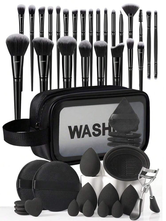 46pcs Professional Makeup Brush Set, Includes 25pcs Makeup Brushes (Foundation Brush, Powder Brush, Blush Brush, Highlighter Brush, Eye Shadow Brush, Eyeliner Brush, Contour Brush, Detail Brush), 4pcs Makeup Sponges, 4pcs Triangle Powder Puff, 4pcs Finger