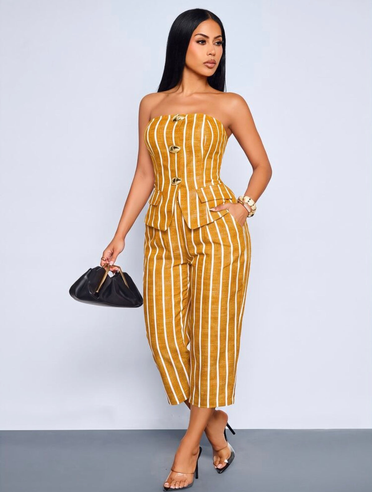 SOLERSUN Women's Sexy & Elegant Commuter Suit Set - "Old Money" Style Office & Teacher Attire - Casual Strapless Blazer & Trousers Set In Apricot Striped Fabric (Cuhnxia) (Random Floral)