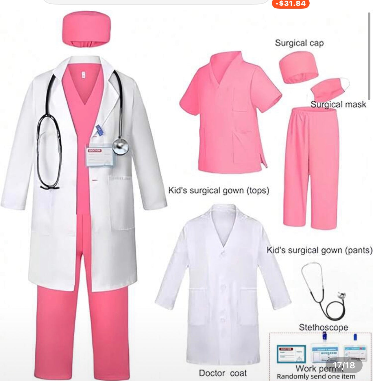 GINMIC Children's Doctor Costume Set, Includes Kids Doctor White Coat And Realistic Stethoscope, Suitable For 3-12 Years Old Boys And Girls Halloween Costume