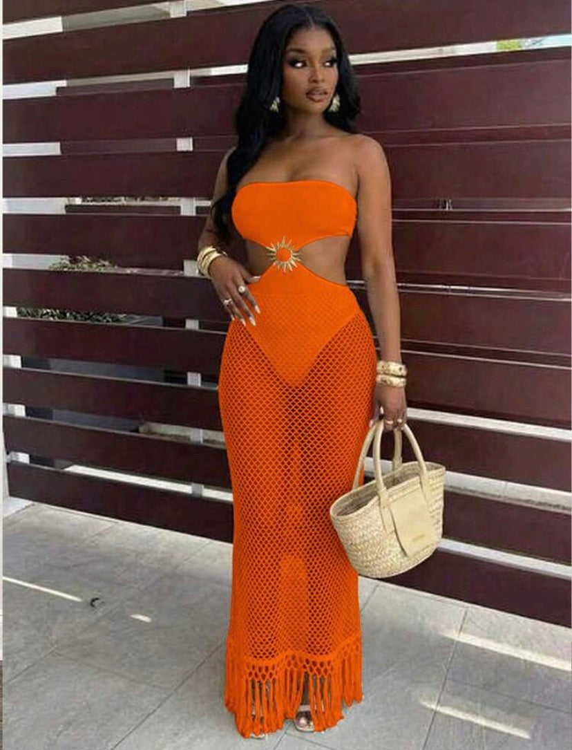BamGleam Women's Sexy Hollow Out Fishnet Design Strapless Vacation/Date Dress