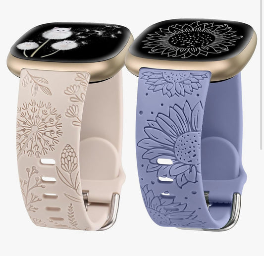 Minyee 2 Packs Floral Engraved Band Compatible with Fitbit Versa 4/Versa 3/Sense 2/Sense Band Women, Cute Silicone Dandelion Sunflower Design Soft Sport Fancy Summer Strap for Versa 4