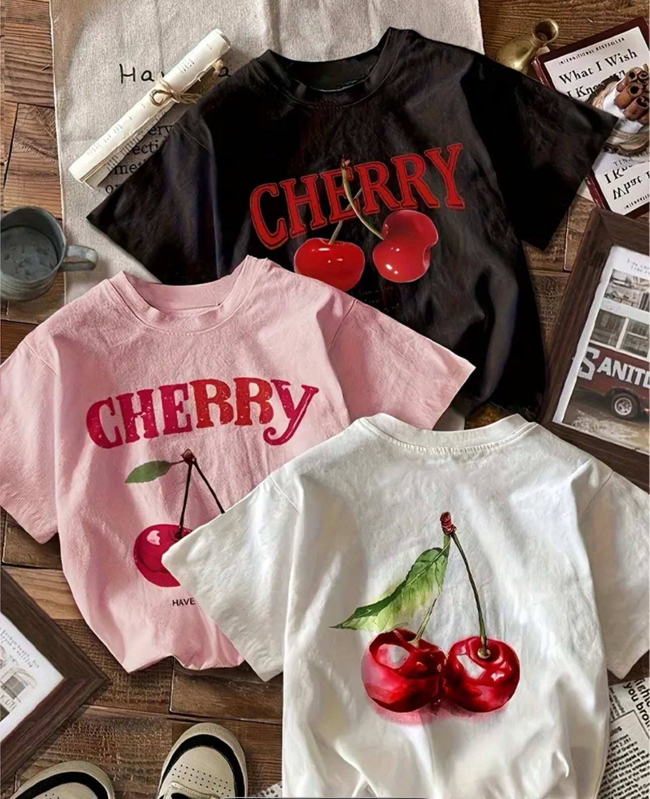 Bestseller Orientation 3pcs Set Casual Cherry Printed Crew Neck Short Sleeve Regular T-Shirts for Women Summer (Random One)