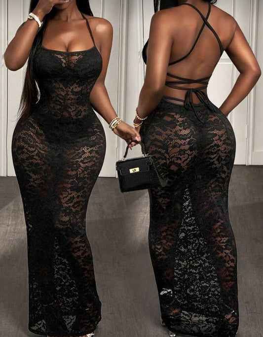 BamGleam Black Floral Lace Long Dress-Thin Straps-Transparent Sexy Long Dress