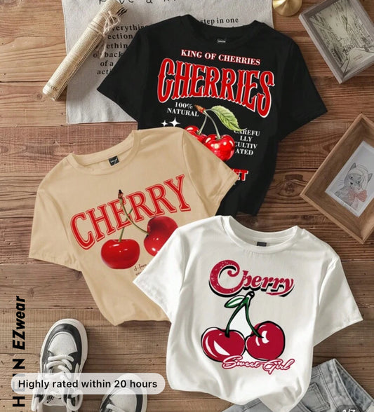 EZwear 3pcs/Set Casual Minimalist Cherry Pattern Crew Neck Long Sleeve Cropped Fitted T-Shirt For Women, Suitable For Summer