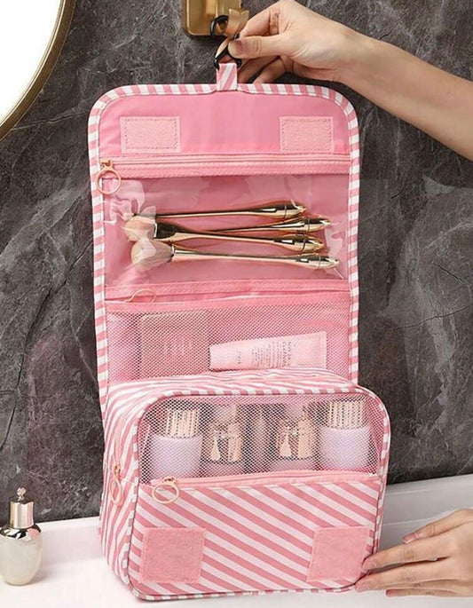 1pc Pink Striped Herringbone Thickened Wet & Dry Separable Hanging Toiletry Bag, Suitable For Travel & Business Trips Wash Bag Toiletry Travel Bag Makeup Storage Beach Beach Bag Vacation Holiday Essentials School Supplies Travel Essentials Ladies For Coll