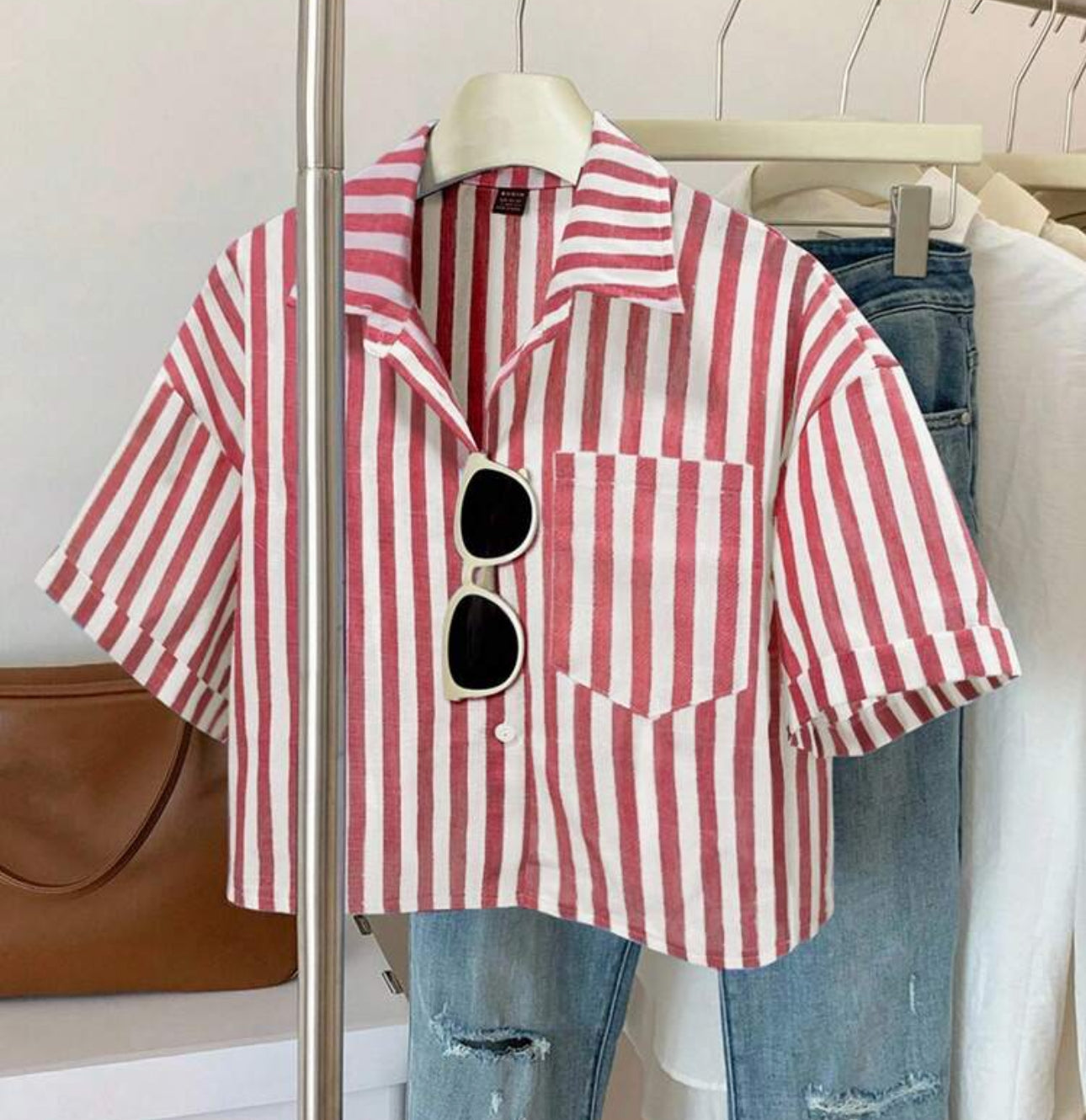 Elamini Striped Cropped Fashionable Loose Casual Turnup Sleeve Women Short Sleeve Shirt