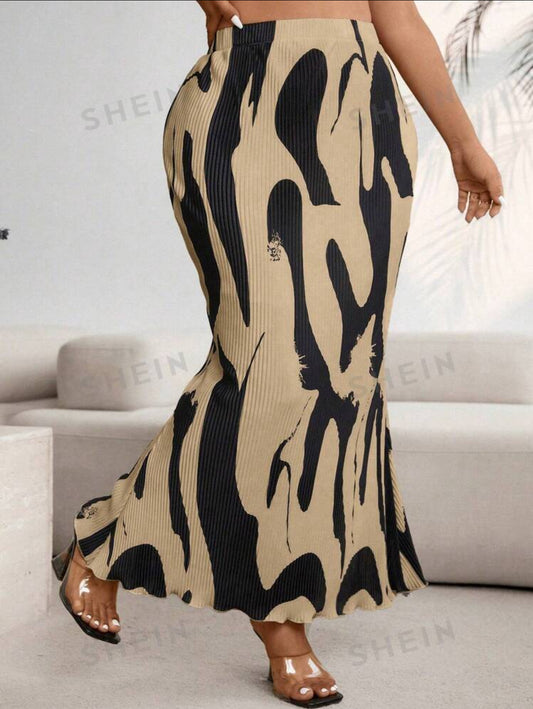 Privé Plus Size Random Floral Print Mermaid Hem Skirt, Spring/Summer