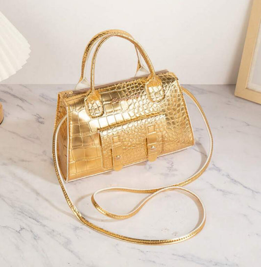 1pc Gold Crocodile Pattern Handbag, Simple Chic Shiny Texture Tote Shoulder Crossbody Bag, Versatile For Various Occasions Like Casual, Shopping, Party, Ladies Boston Bag