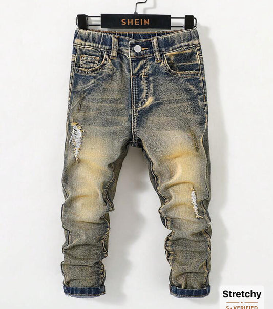 SHEIN Young Boy Retro Distressed Vintage Washed Ripped Frayed High Stretch Blue Denim Jeans For Daily Outfits