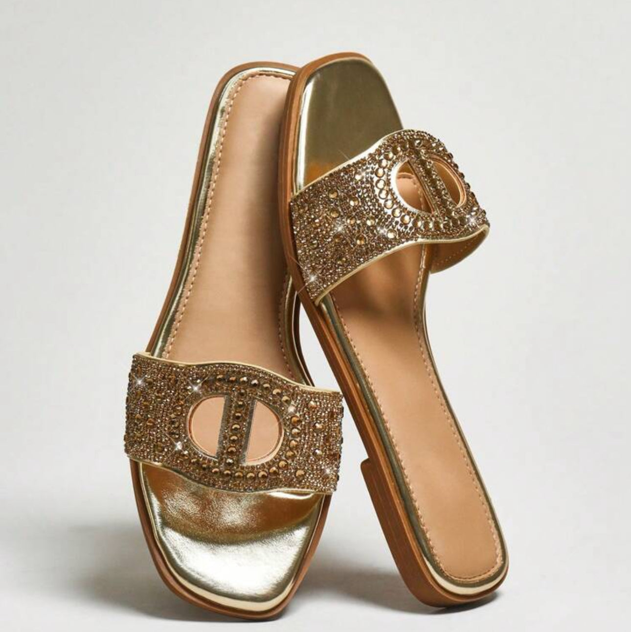 SHUZIA Luxe Glow Women's Gold Crystal-Embellished Detailing Logo Gilded Slide Sandals |Comfort And Luxury Resort-To-Cafe Summer Styling