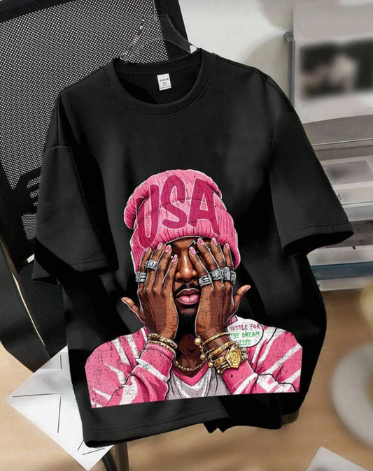 SHEIN Teen Girls' Casual Retro Style Pink Portrait Graphic Black Oversized Knit T-Shirt, Suitable For Summer, Jersey, Streetwear, Punk, Tops, Shirts, Top, Teen Girl Shirts, Teen Girl Clothes, Graphic Tees, Teen Girl Clothes, Oversized T-Shirt, Cute Shirts