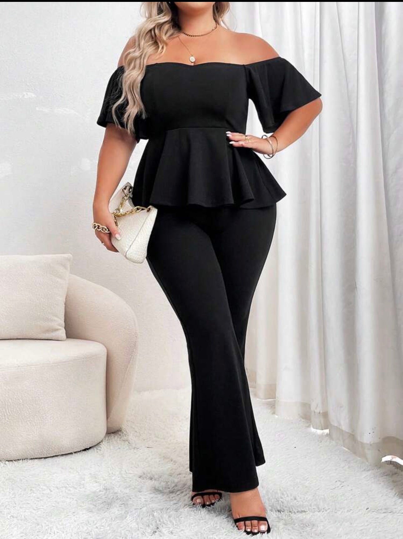 SHEIN Privé Plus Off Shoulder Peplum Top & Flare Leg Pants
