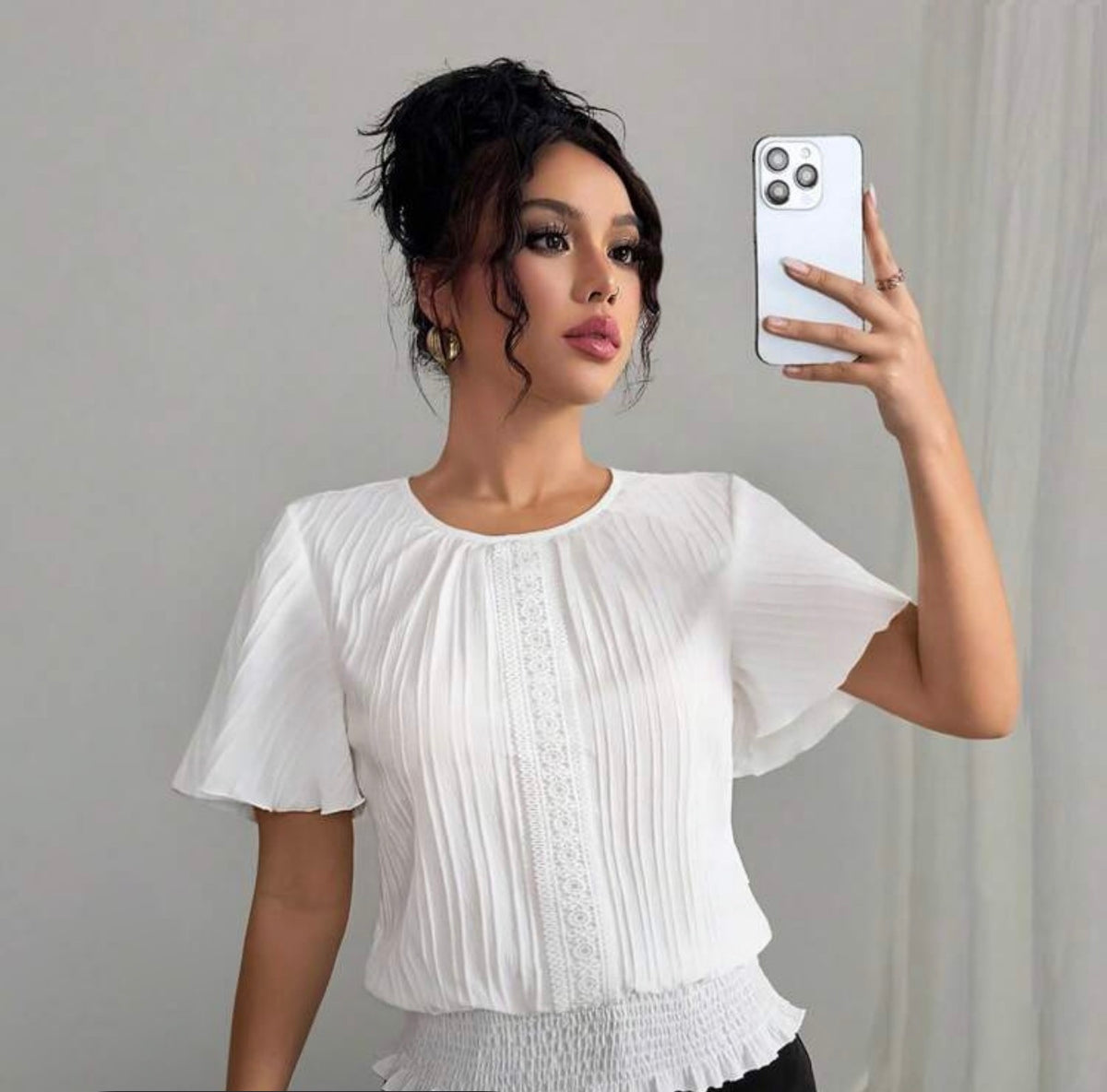 Elenzga PETITE White Summer Elegant Work Women's Casual Blouse,Textured Ruffled Decor Elastic Waist Minimalist Top For Holiday Wear,Smart Casual,Modest