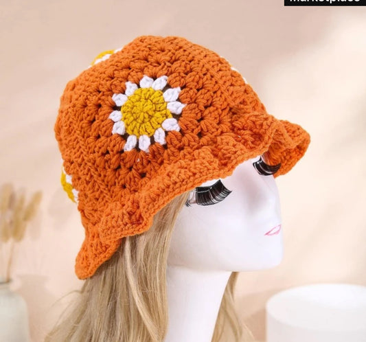 1pc Handmade Crochet Sunflower Decorated Colorful Patchwork Cute And Sweet Style Bucket Hat For Women, Suitable For Travel And Outdoor Activities