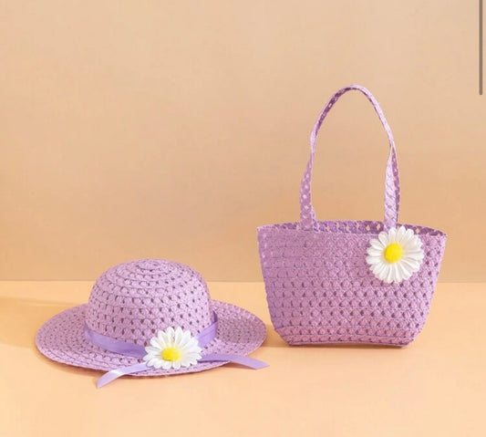 2pcs Girls' Flower Bucket Hat & Flower Bag Set, Suitable For Spring And Summer Travel And Holiday Outfits, Also Ideal For Daily Sun Protection