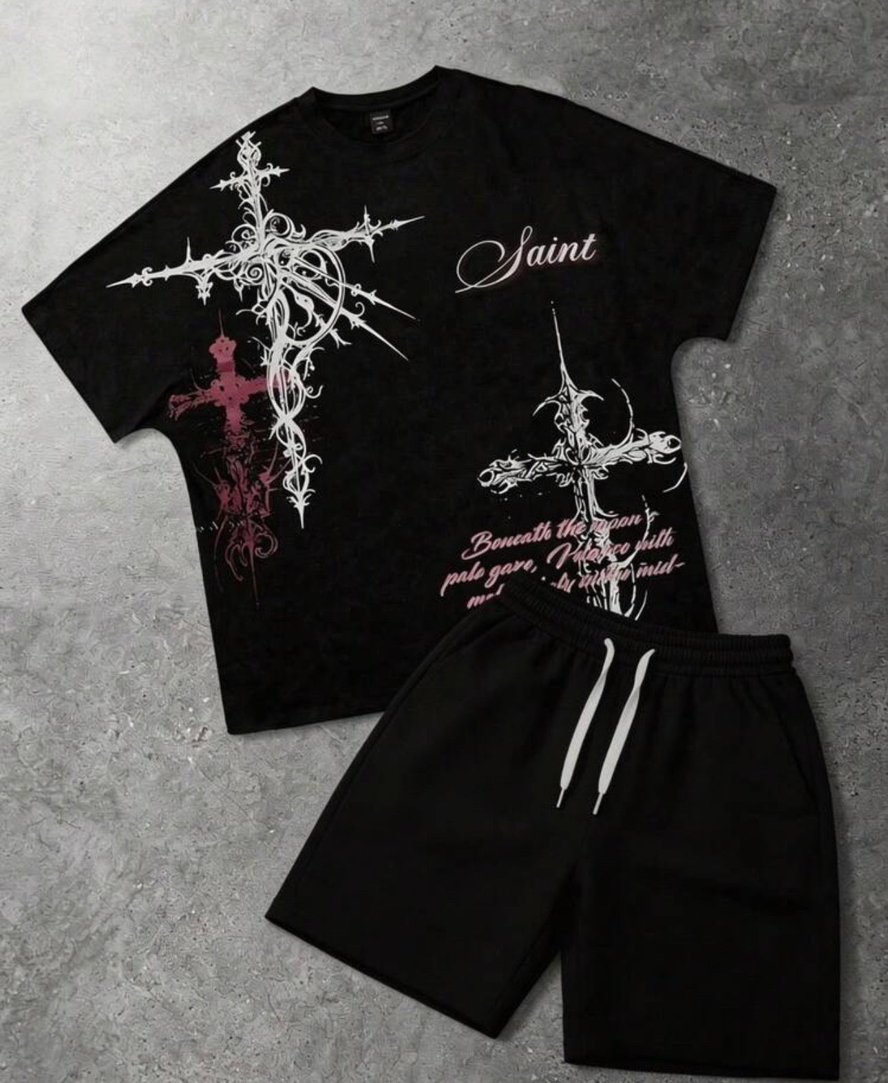 Men's Summer 100 Percent Cotton Black Christian Religious Y2k Goth Cross Graphic Tees & Fashion Casual Outdoor Sports Pocket Elastic Waist Drawstring Shorts, Mens 2 Piece Outfits Suitable As Gift For Husband And Boyfriend.