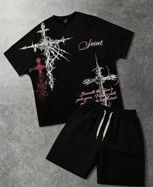 Men's Summer 100 Percent Cotton Black Christian Religious Y2k Goth Cross Graphic Tees & Fashion Casual Outdoor Sports Pocket Elastic Waist Drawstring Shorts, Mens 2 Piece Outfits Suitable As Gift For Husband And Boyfriend.