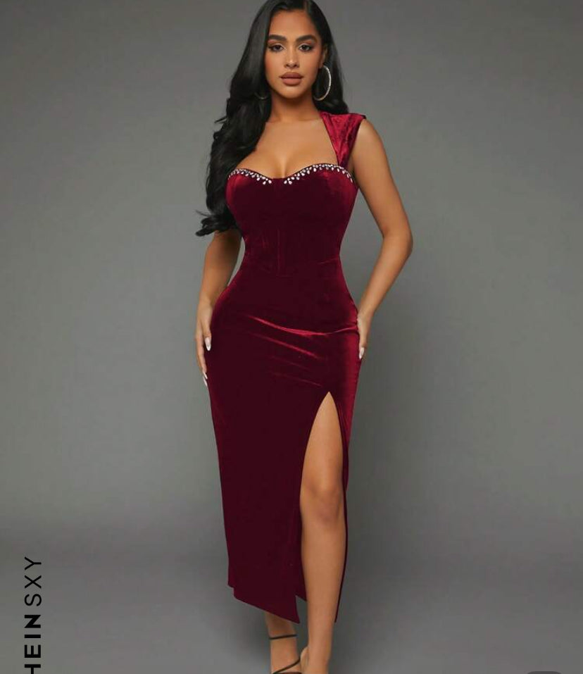 SHEIN SXY Rhinestone Detail Split Thigh Velvet Dress