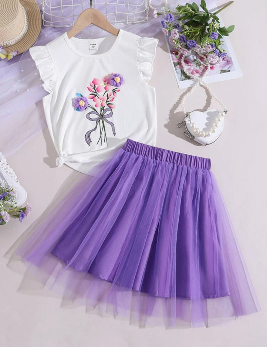 SHEIN Tween Girl Floral Print Ruffle Trim Tee & Mesh Overlay Skirt