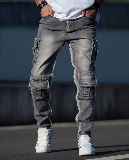Men's Fashion Streetwear Cargo Jeans, Slim Fit Multi-Pocket Casual Trousers