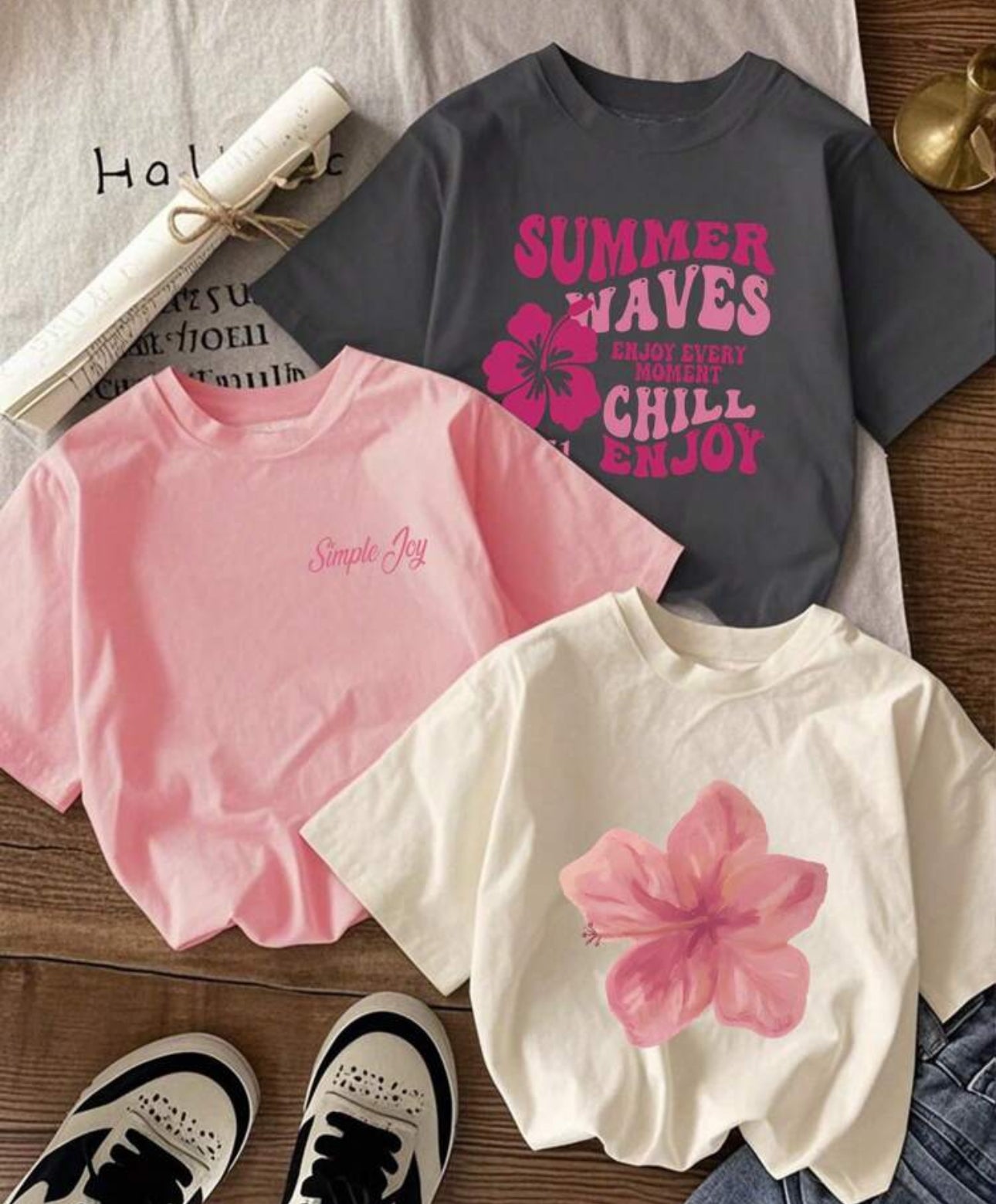 3pcs/Set Cute Floral Printed Daily Casual Round Neck Short Sleeve T-Shirt, Simple And Fashionable For Women