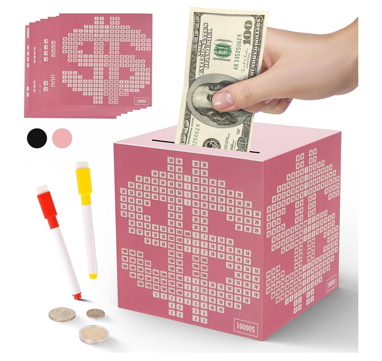 Primo Lines Pink Piggy Bank for Girl,10000 Savings Challenge Box, Money Saving Box 10,000 with Counter for Savings Goal $3000 $5000, Metal Cash Box with Money Target, Kakeibo Money Box 4.72in