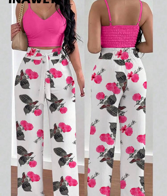 INAWLY 2pcs/Set Women Cami Top With Elastic Waist Tie Floral Palazzo Pants