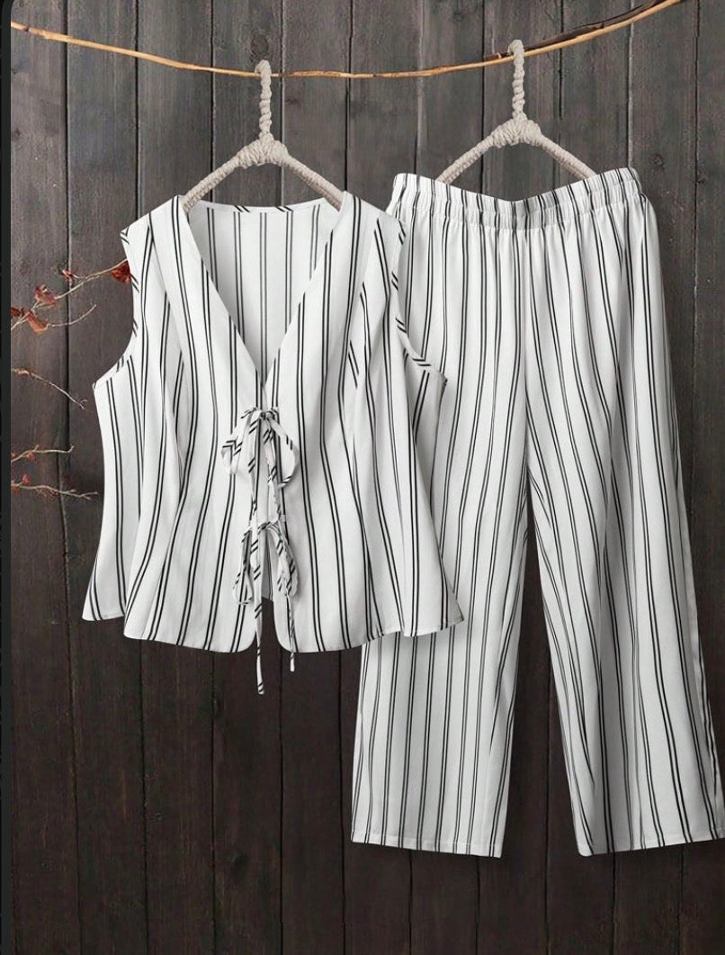 Linhara 2pcs Casual Comfortable Front Tie Design Plus Size Women Set For Everyday Wear