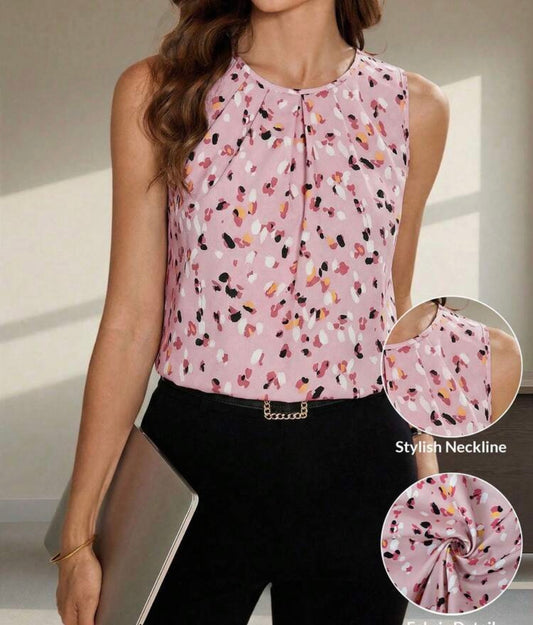 Editum Summer Elegant Women's Abstract Random Printed Ruffle Collar Sleeveless Daily Casual Elegant Shirt, Suitable For Various Occasions, Commuter Shirt Pink Blouse For Women Elegant Pink Floral Top Animal Print Tops For Women Bow Tops For Women Pink Sum