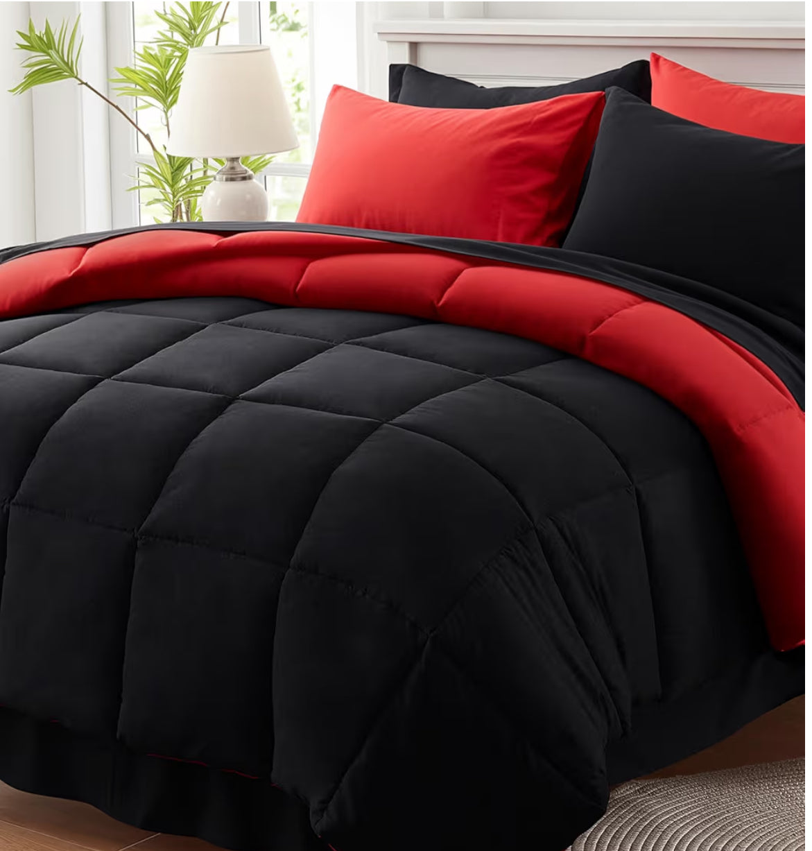 Anluoer Queen Comforter Set 7 Piece, Reversible Bed in a Bag Queen Size, Lightweight Bedding Set with 1 Comforter(88"*88"), 2 Pillow Shams, 2 Pillowcases, 1 Flat Sheet, 1 Fitted Sheet, Red & Black