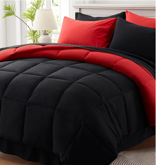 Anluoer Queen Comforter Set 7 Piece, Reversible Bed in a Bag Queen Size, Lightweight Bedding Set with 1 Comforter(88"*88"), 2 Pillow Shams, 2 Pillowcases, 1 Flat Sheet, 1 Fitted Sheet, Red & Black
