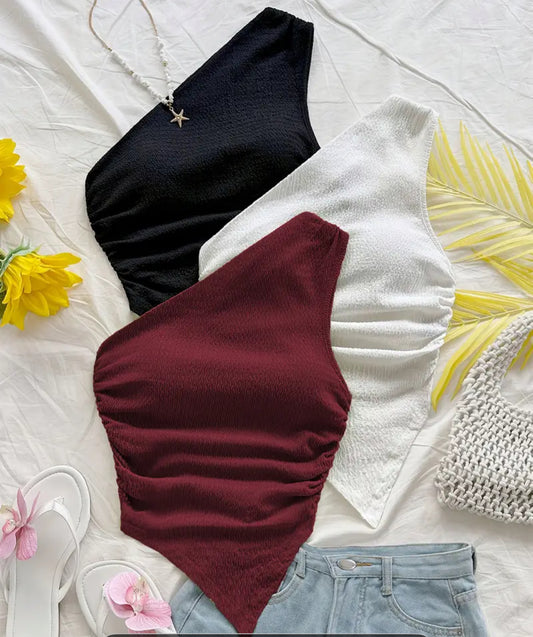 3pcs Women'S Asymmetrical Hem & Neckline Tops - Sexy Single Shoulder Wide Strap Summer Casual Tops, Solid Color All-Season Versatile Blouses for Vacation, Afternoon Tea & Casual Attire, Vacation Clothing, Chic Fashion, Quality Craftsmanship, Stylish Blous
