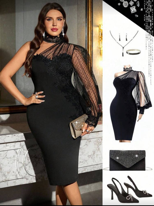 Ellevyn Plus Size Mesh Asymmetric Shoulder Romantic Elegant Dress 2025 Autumn And Winter New Style Autumn Clothing For Women   Winter Dress Women  Halloween   Christmas Christmas Party Dress New Year Dress New Year Women's Clothes Elegant Dresses For Part