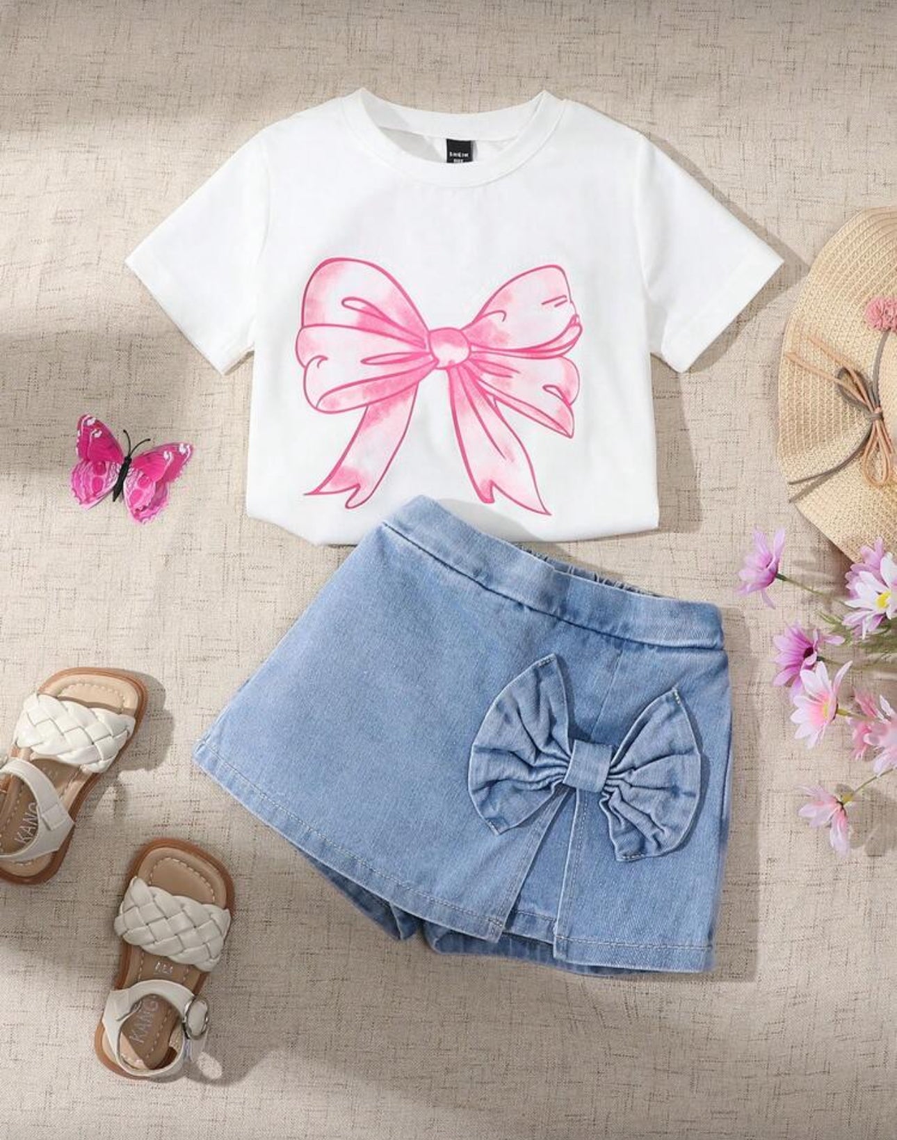 Souflis Souflis 2pcs Young Girl Sweet Oversized Pink Bow Graphic T-Shirt & 2 In 1 Denim Skort Set, School, Campus, College Summer Holiday