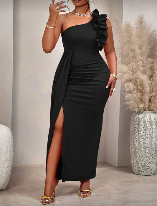 BIUBIU Plus Size Women's Solid Color Asymmetric Shoulder Ruffle Pleated Design Sleeveless Elegant Split Maxi Dress, Suitable For Party, Date, Singles Party, Formal Dinner Or Grand Events Black Summer