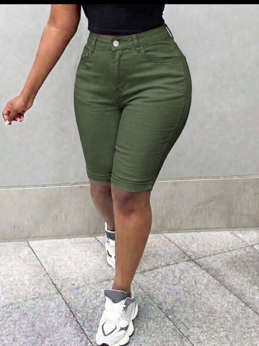 [98% Cotton] Plus Size White Denim Capri Shorts With Zipper, Medium Stretch Comfortable Casual Shorts