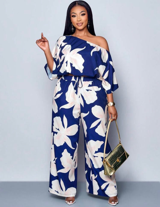 SOLERSUN Women's Elegant Allover Print Asymmetrical Neck Blouse And Pants Set For Everyday Wear Women Outfits, Boho