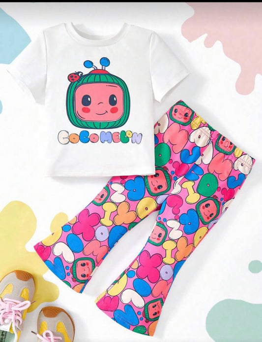 CoComelon X SHEIN Baby Girl Cartoon Watermelon Print Short Sleeve T-Shirt & Colorful Letter Graphic Flare Leg Pants 2pcs Set, Cute And Casual