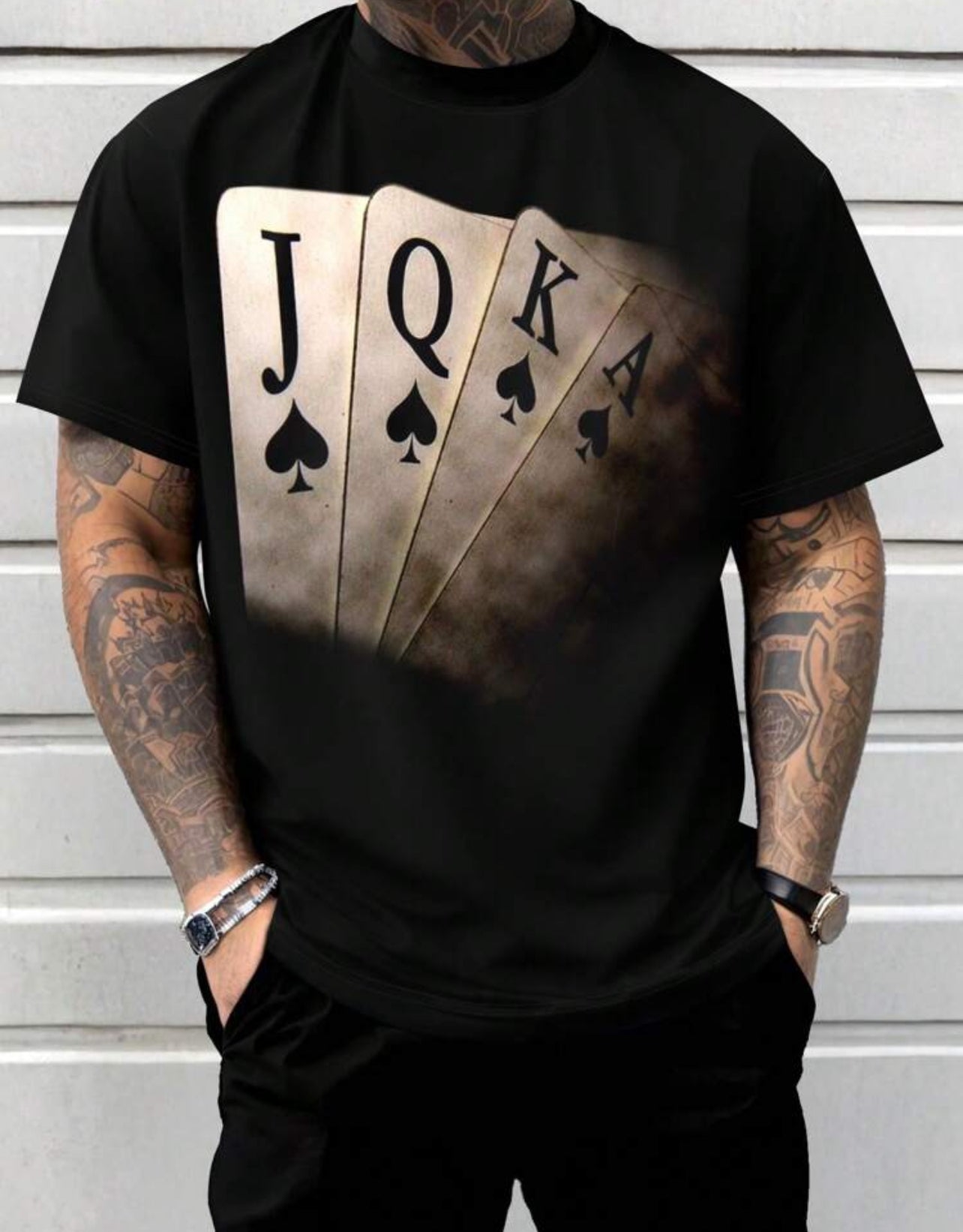 Men's Casual Round Neck Short Sleeve T-Shirt With Poker Card Print, Summer