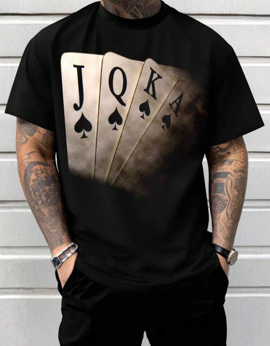 Men's Casual Round Neck Short Sleeve T-Shirt With Poker Card Print, Summer