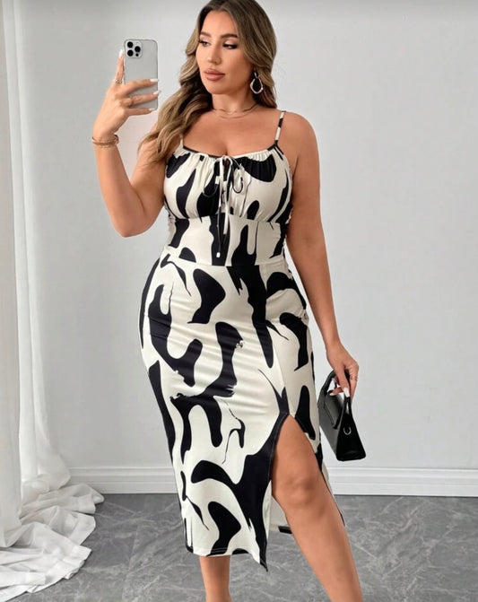 Elenzga Plus Size Women Geometric Print Front Tie Side Slit Hem Cami Dress, Summer