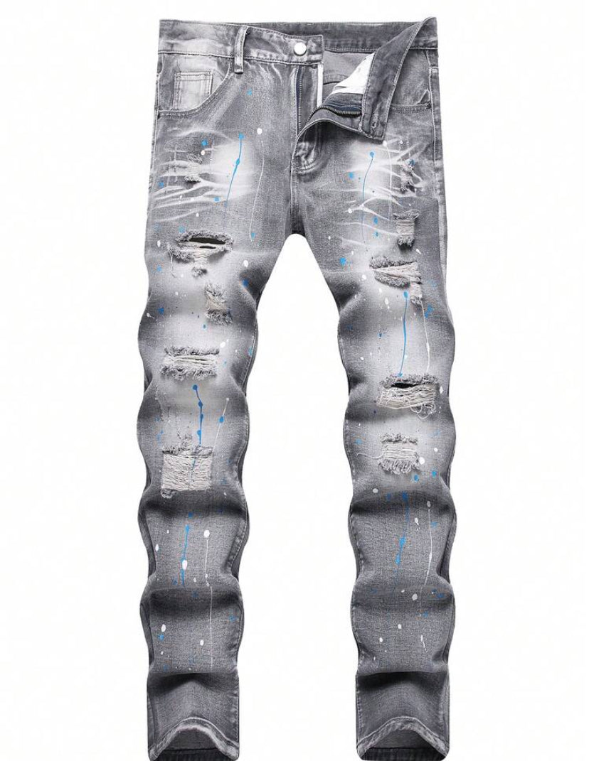 Men's Distressed Light Grey Slim Straight Fit Jeans