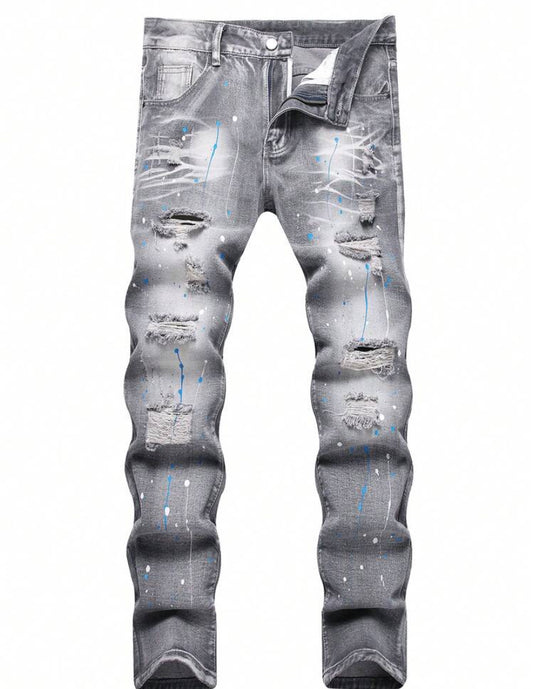 Men's Distressed Light Grey Slim Straight Fit Jeans