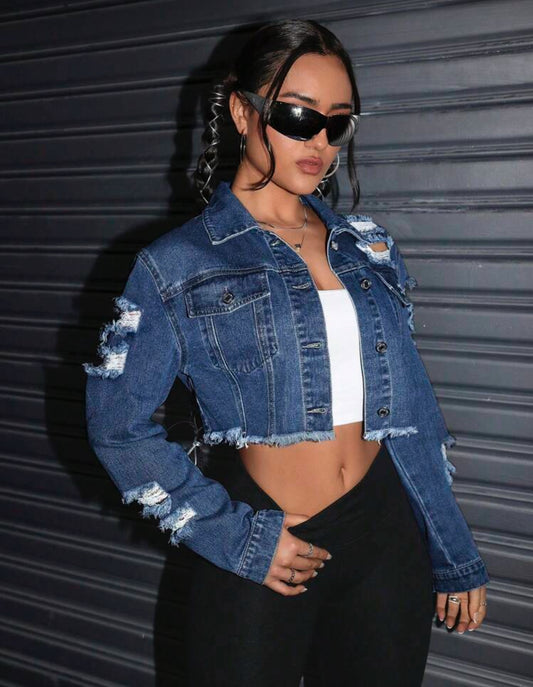 Casual Distressed Washed Frayed Hem Cropped Denim Jacket