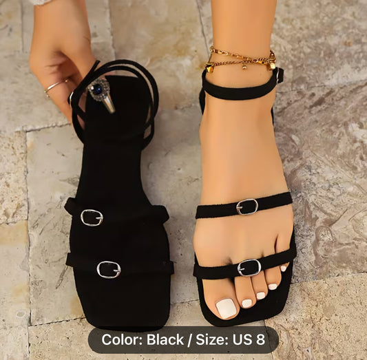 Women'S Elegant Black Strap Sandals - Stylish Ankle Strap, Low Heel, Rubber Sole, Comfortable for All Seasons, Summer Footwear | Strap Sandals | Rubber Sole Sandals