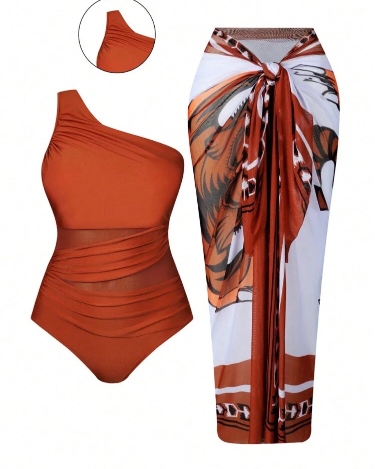 Swim Oasis 2pcs Plus Size Women's Rust Orange Swimsuit Set,Summer Beach Bubble Swimwear With Draped Mesh Panels,Tiger Print Skirt,Wedding Ninang One-Piece Set
