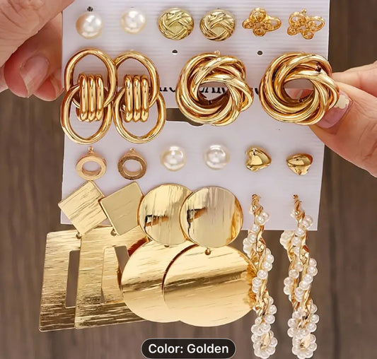 22pcs Women'S Elegant & Statement Jewelry Set - Golden-Toned Metal Hoops, Dangle Earrings with Imitation Pearl & Butterfly/Foliage Charms, Twist Knot Designs for Parties, Travel, Casual Attire - All-Season Versatile Durable Hoops & Dainty Earrings Collect