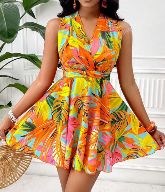Backless V Neck Tropical Printed Summer Holiday Sleeveless Dress (Print Pattern Random)